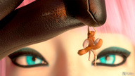 nude blue_eyes minigirl shrunken_woman dangle lulu between_fingers multiple_tails orange_hair looking_at_tiny fox_tails extreme_angle carolinedrivolt sybia luluboxfoxnsfw