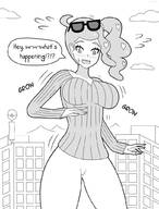 drawing growth giantess pokemon mega monochrome large_breasts clothed buildings ponytail surprised standing clouds outdoors dialogue sonia_(pokemon)