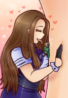 drawing gentle aroused long_hair tongue clothed licking saliva breast_crush brunette shrunken_man majoumegami