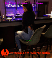 collage black_hair long_hair clothed high_heels butt_crush jeans sitting unaware bar microstudio