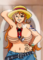 breasts nami one_piece bra luffy sleepy human_clothing human-bra