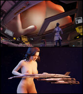 breasts giantess nude giga alien space comic black_hair large_breasts butt armor blue_eyes planet cleavage huge_breasts spaceship blue_skin point_of_view stars miranda digital_render mass_effect liara liara_tsoni asari miranda_lawson normandy env_light nippels