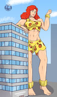 breasts drawing giantess city mega color large_breasts barefoot bra skirt buildings green_eyes giganta red_hair muscles bracelet leopard_print dc_comics bare_midriff captain-henson