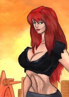breasts drawing giantess city mega color large_breasts long_hair cleavage buildings green_eyes muscles top new_york_city ripped_clothing attack_of_the_50_foot_woman mary_jane spider-man marvel_comics grim1978 bare_midriff earth_20052 avengers_tower