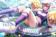 drawing giantess panties blushing city upskirt color butt skirt buildings shoes brunette brown_eyes smiling stadium socks cheerleader short_hair sitting thighs outdoors white_panties hair_ribbon looking_at_viewer bare_legs confetti pom-poms blackswamp0808 dey_chloe