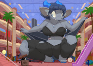 drawing growth giantess furry macro horns wings bat cleavage embarrassed indoors mall necklace ripped_clothing bare_midriff commoddity
