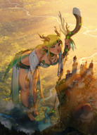 gentle giantess landscape horns city blonde cleavage green_eyes elf leaning staff forests long_ears bare_legs bare_midriff skimpy_clothes zededge alfdis