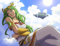 drawing gentle giantess long_hair clothed cleavage stockings green_hair dress clouds palutena kid_icarus zerohour99 between_breasts