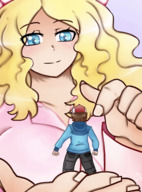 gentle pokemon blonde large_breasts long_hair handheld cleavage shrinking animation cartoon caitlin