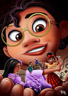 breasts drawing giantess giga mega black_hair color handheld barefoot skirt buildings glasses brunette multiple_sizes brown_eyes dress muscles giantesses dark_skin flexing disney hair_bow earrings looking_at_tiny flower_in_hair kisparlius encanto alma julieta isabela maribel dolores pepa luisa