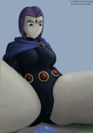 breasts drawing giantess giga city color butt ocean buildings butt_crush purple_hair purple_eyes camel_toe raven teen_titans short_hair thighs costume cape belt leotard hood dc_comics bare_legs grey_skin titan_tower skintight_clothing svenyatta