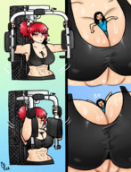drawing giantess color clothed breast_crush red_hair abs shrunken_woman workout_outfit working_out between_breasts majoumegami