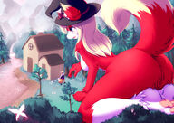 giantess nude furry macro tail blonde butt blue_eyes fox paws sitting looming reaching sideboob behind_view looking_at_tiny witch_hat poooding banto-kun