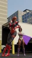 breasts giantess city black_hair large_breasts long_hair crossover cleavage buildings green_eyes gloves red_hair mini_giantess boots vehicles costume superman lois_lane cape giant_girl belt leotard hands_on_hips power_girl legs_crossed digital_render dc_comics mary_jane bare_legs spider-man marvel_comics earth_20052 ci0 fusion