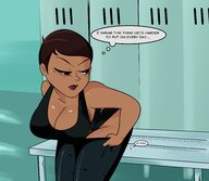 breasts drawing panties black_hair color clothed cleavage bra short_hair shrunken_woman dressing thighs indoors undressing catsuit latina dialogue locker_room shield janet_van_dyne marvel_comics skintight_clothing the_wasp slugmanoctavio3 maria_hill avengers_earths_mightiest_heroes