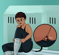 breasts drawing black_hair color clothed cleavage bra butt_crush brunette short_hair boots shrunken_woman dressing thighs indoors costume catsuit latina dialogue locker_room shield between_buttcheeks janet_van_dyne marvel_comics skintight_clothing the_wasp slugmanoctavio3 maria_hill avengers_earths_mightiest_heroes