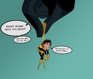drawing wings color butt clothed cleavage brunette sweat gloves short_hair boots shrunken_woman indoors costume latina dialogue shield pinched janet_van_dyne marvel_comics skintight_clothing the_wasp slugmanoctavio3 maria_hill avengers_earths_mightiest_heroes