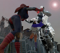 breasts giantess city mega black_hair large_breasts long_hair butt armor destruction crossover buildings gloves red_hair boots muscles fighting giantesses bodysuit costume superman lois_lane cape giant_girl belt leotard power_girl behind_view frog digital_render dc_comics mary_jane bare_legs spider-man marvel_comics earth_20052 ci0