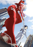 crush horns city green_eyes blue_hair low_angle pink_hair ichigo sky darling_in_the_franxx zero_two shize