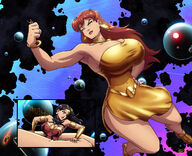 breasts drawing giantess giga space black_hair color large_breasts armor blue_eyes handheld cleavage skirt multiple_sizes giganta red_hair planets giantesses wonder_woman earrings belt bracelet tiara dc_comics cosmic_giantess bare_legs zerohour99 yourmaskedditto multiverse omni