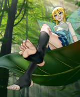 wings blonde blue_eyes toes skirt fairy low_angle minigirl shrunken_woman looking_down forest dangle leaf looking_at_tiny miaokong bare_thighs tinier_than_tiny heelsocks