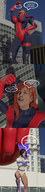 breasts giantess city mega comic black_hair large_breasts long_hair crossover cleavage buildings green_eyes gloves red_hair boots thighs costume superman lois_lane cape earrings giant_girl belt leotard dialogue hands_on_hips power_girl pinched digital_render dc_comics mary_jane bare_legs spider-man marvel_comics roodedude earth_20052 ci0 fusion