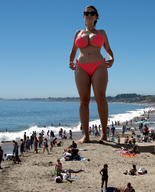 bikini breasts giantess collage mega beach barefoot cleavage water ocean sunglasses standing onlookers tattoo