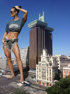 giantess collage city long_hair clothed barefoot buildings brunette street navel shorts sunglasses tattoo shirt bare_midriff
