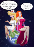 breasts drawing giantess earth giga blonde space color large_breasts blue_eyes planet cleavage skirt high_heels green_eyes gloves red_hair dress sitting nurse giantesses jessica_rabbit hat disney earrings dialogue legs_crossed cosmic_giantess thedaibijin bare_legs animaniacs hello_nurse sitting_on_planet cmwaters