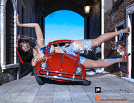 growth black_hair large_breasts long_hair destruction barefoot mini_giantess vehicles ripped_clothing digital_render vedogon