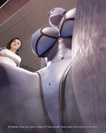 breasts giantess panties alien black_hair large_breasts armor cleavage bra huge_breasts blue_skin shrunken_man point_of_view dialogue miranda panty_entrapment digital_render mass_effect liara liara_tsoni asari miranda_lawson bare_midriff env_light nippels