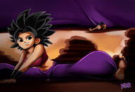 drawing black_hair barefoot cleavage bra butt_crush domination legs dragon_ball shrunken_person non-nude up_close saiyan bare_midriff kisparlius caulifla kale