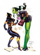 breasts drawing color large_breasts long_hair butt clothed cleavage high_heels glasses brunette gloves green_hair ponytail mini_giantess boots bending_over mask fist costume claw shirt earrings belt mini_skirt business_suit she_hulk no_background briefcase green_skin bare_legs x-23 marvel_comics calerio
