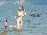 nipples gentle collage nude large_breasts barefoot pubic_hair wet swimming lake swim_trunks goingdown shurnken_man