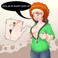 breasts clothed cleavage tiny domination smiling story red_hair shrunken_man ace_attorney oc between_breasts large lotta_hart