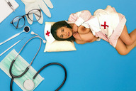 nipples collage black_hair large_breasts glasses gloves asian nurse shrunken_woman mask looking_at_viewer goingdown stethescope
