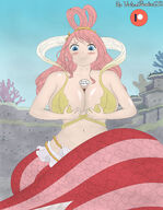 drawing gentle giantess large_breasts long_hair blue_eyes one_piece cleavage bra mermaid pink_hair shirahoshi luffy between_breasts virtualparadisegts