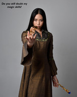 black_hair long_hair handheld brunette domination shrunken_woman magic robe looking_at_viewer wand goingdown