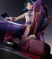 male low_angle yellow_eyes green_hair looming boot crouching looking_at_tiny digital_render genshin_impact xiao genshin freezybruhh