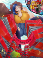 giantess city large_breasts long_hair jeans smiling camel_toe surprised background sky birthday gift_art majoumegami