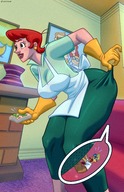 drawing color clothed brown_eyes gloves red_hair unaware shrunken_man thighs indoors apron milf giantessfan hanging_on mom dexters_mom dexters_laboratory wolfgee cartoon_network