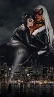 breasts giantess white_hair collage city mega butt crossover cleavage water ocean buildings collar giantesses mask cosplay batman night costume catsuit whip goggles catwoman thief spotlight dc_comics gotham_city black_cat spider-man marvel_comics bat_signal gotham felicia_hardy remongts