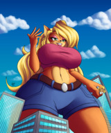 female giantess furry anthro city mega large_breasts clothed shorts video_games blue_shorts sergesalvatrice coco_bandicoot huge crash_bandicoot_(series) tawna_bandicoot activision