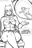 breasts drawing monochrome butt_crush gloves supergirl unaware shrunken_woman sketch mask batgirl cape belt legs_crossed under_butt dc_comics cutaway guireyart10