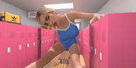breasts growth giantess blonde swimsuit locker_room digital_render bare_legs vndrscale