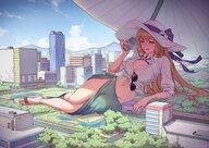 giantess giga long_hair cleavage buildings sandals sunglasses background sky hat shirt david96054182