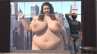 giantess nude city color large_breasts buildings brunette topless smiling bbw window belly outdoors waving thick_thighs looking_at_tiny digital_render galiagan bare_midriff cellulite