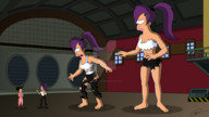 breasts drawing growth giantess comic black_hair color large_breasts barefoot cleavage purple_hair asian ponytail shorts cartoon pants indoors leela futurama top ripped_clothing watermark cracked_pavement looking_at_tiny amy_wong bare_legs outgrowing_clothes cyclops spider-matt bare_midriff