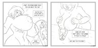 breasts comic monochrome breast_expansion lactation shrunken_man cup breast_milk cippy1997