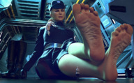 breasts giantess blonde barefoot military gloves spaceship ponytail boots sitting uniform star_wars shrunken_man indoors belt legs_crossed cap officer looking_at_tiny digital_render gus1212 empire imperial_officer